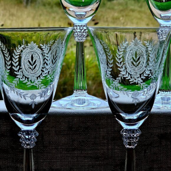 4 Fostoria Lenox Water Glasses 8" etched Laurel Elegant Glass crystal medallion - Picture 5 of 10
